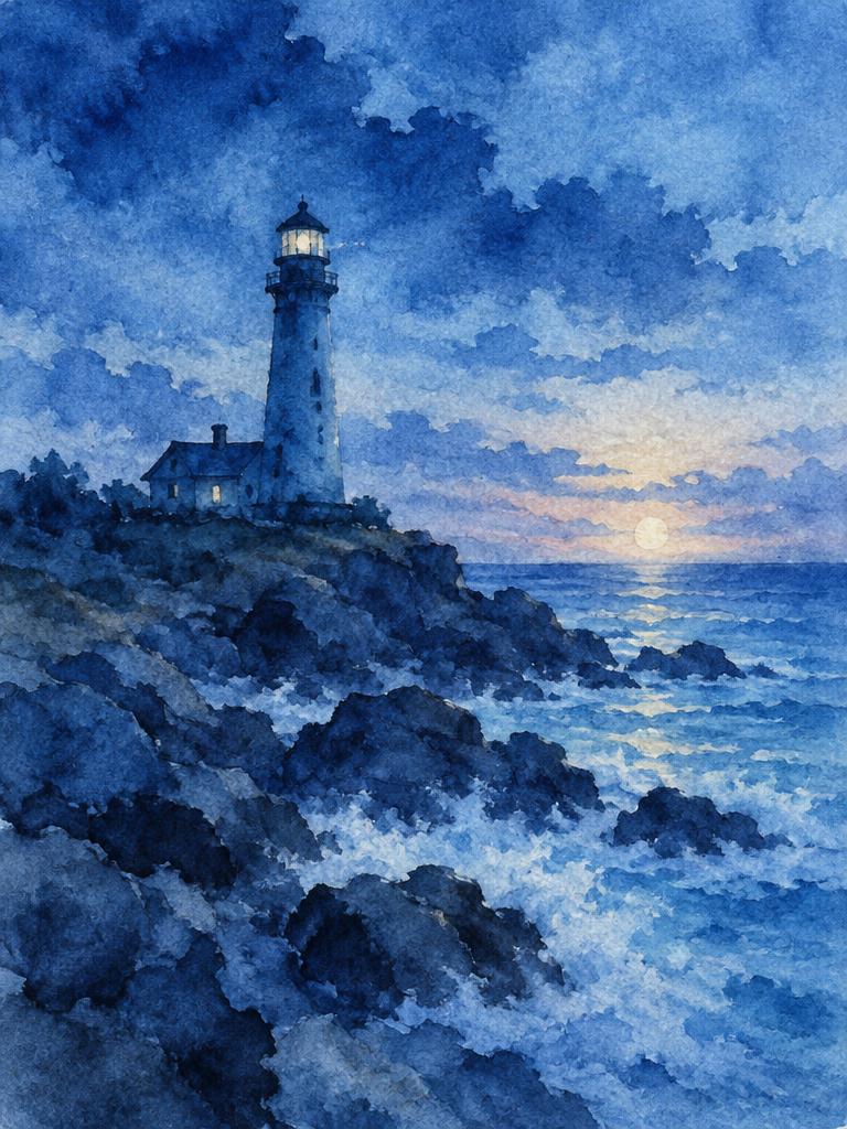 Original watercolor painting: Lighthouse at Dusk